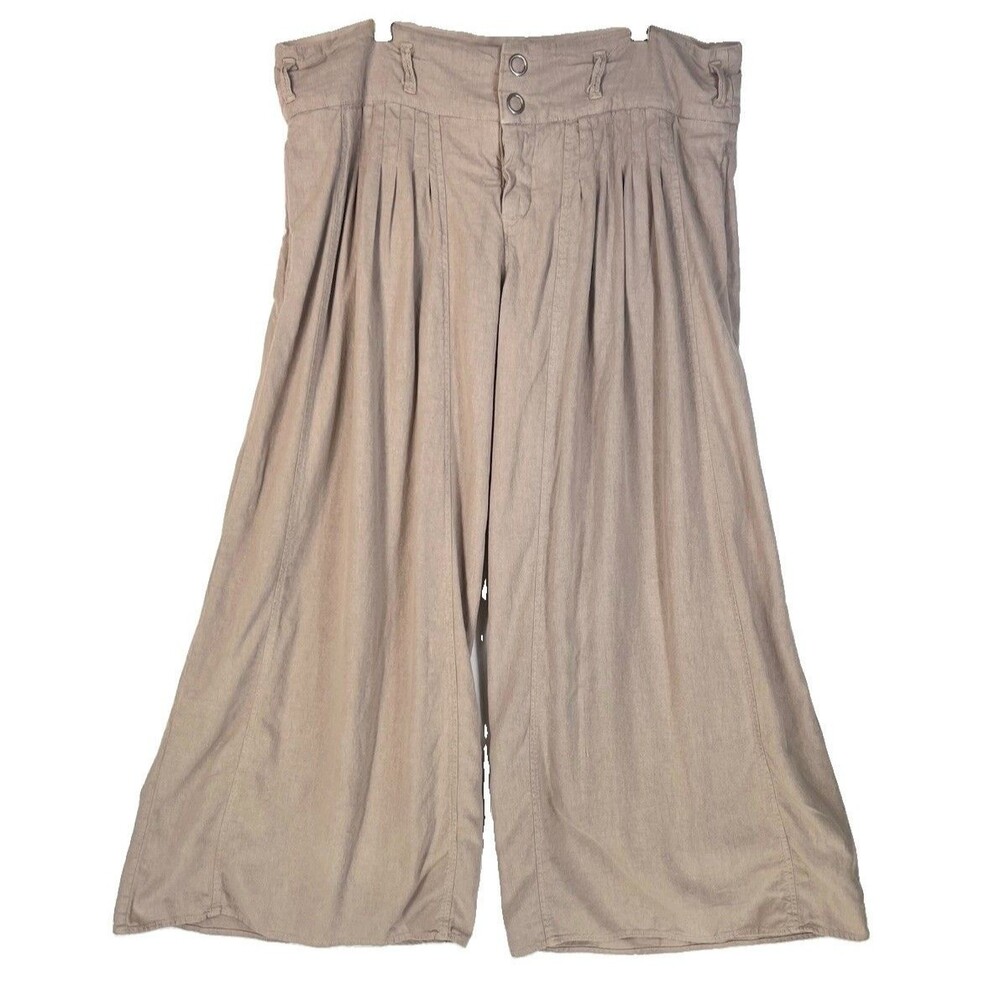 Anthropologie Size 14 Wide Leg Pants Linen & Rayon Beige High Waist Boho Classic